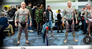 Фотография мужчины, демонстрирующая его тело, полностью покрытое татуировками, с сравнением снимков 2014 и 2015 годов.