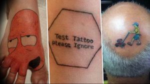 Коллаж из трех необычных татуировок: Фрай из Футурамы на стопе, надпись 'Test Tattoo please Ignore' в гексагоне и мужчина с газонокосилкой на голове.