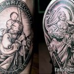 Фото двух татуировок Святого Христофора на руках, выполненных в разных стилях: графическом и реалистичном, с использованием черно-белой гаммы.