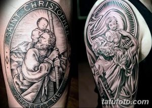 Фото двух татуировок Святого Христофора на руках, выполненных в разных стилях: графическом и реалистичном, с использованием черно-белой гаммы.