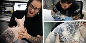 Фото тату-мастера с лысой кошкой на руках и коллаж с примерами ее работ. Видна татуировка на спине.