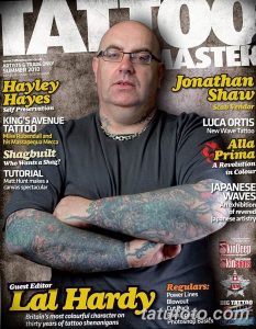 Фотография Лала Харди на обложке журнала Tattoo Master. Видна его татуировка на руке и серьезный взгляд.