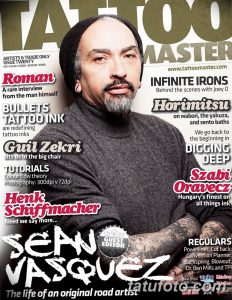 Фотография Романа Тату на обложке журнала Tattoo Master. Видна его татуировка на руке и серьезный взгляд.