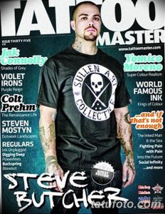 Фотография Стива Батчера на обложке журнала Tattoo Master. Видна его татуировка на шее и надпись на футболке.