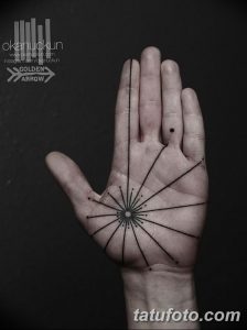 Фото тату: абстрактный геометрический рисунок на ладони, выполненный черными линиями. Эскиз тату в стиле минимализм, символизирующий энергию и движение.