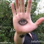 Фотография реалистичной татуировки глаза на ладони руки. Детализированное изображение с прорисовкой зрачка, радужки и век.