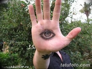 Фотография реалистичной татуировки глаза на ладони руки. Детализированное изображение с прорисовкой зрачка, радужки и век.