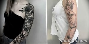 Фото тату: женский рукав, украшенный черными розами и сложными геометрическими узорами. Детализированный рисунок татуировки в стиле blackwork.