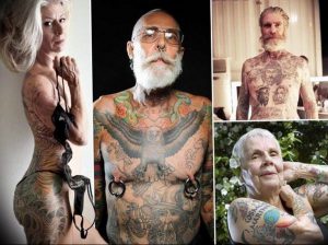 Фото тату: коллаж из четырех изображений, демонстрирующих татуировки на телах людей разных возрастов и полов. Разнообразие стилей и сюжетов.