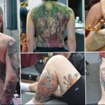 Коллаж фотографий, демонстрирующий процесс нанесения татуировки на спину, ноги и руки мужчины, с изображением крыльев, черепов и роз.