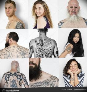 Коллаж из девяти фотографий людей с различными татуировками на разных частях тела.