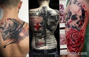 Фото тату: коллаж из нескольких татуировок, включающий череп, розу и надпись на немецком языке. Рисунок выполнен в черных, красных и серых тонах.