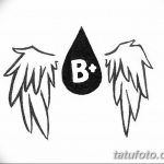 Фото эскиза татуировки группы крови B+ в виде капли с крыльями. Черно-белый рисунок, символизирующий надежду и защиту.