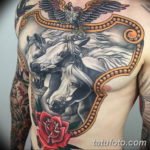 Фото тату лошадь на груди 24.07.2019 №005 - horse tattoo on chest - tatufoto.com