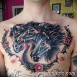 Фото тату лошадь на груди 24.07.2019 №007 - horse tattoo on chest - tatufoto.com