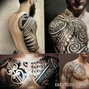 Коллаж из нескольких фотографий татуировок в стиле трайбл и геометрия, выполненных на плече и груди в черных тонах.
