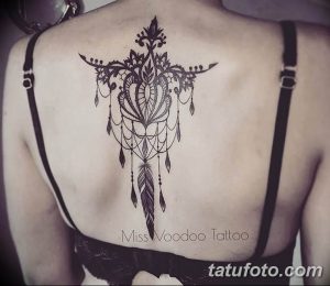 Фото тату: черная татуировка в стиле blackwork, изображающая подвеску с перьями на спине девушки. Детализированный рисунок татуировки с геометрическими элементами.