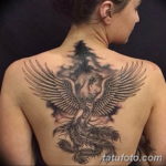 Фото тату феникс на спине 18.07.2019 №001 - phoenix tattoo on the back - tatufoto.com