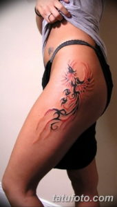 Фото тату феникса на бедре 18.07.2019 №011 - phoenix tattoo on the thigh - tatufoto.com
