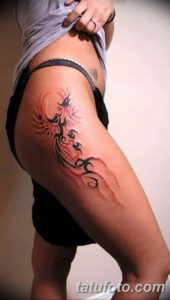 Фото тату феникса на бедре 18.07.2019 №013 - phoenix tattoo on the thigh - tatufoto.com