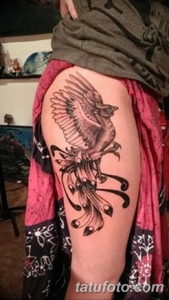 Фото тату феникса на бедре 18.07.2019 №014 - phoenix tattoo on the thigh - tatufoto.com