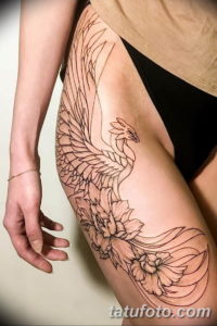 Фото тату феникса на бедре 18.07.2019 №015 - phoenix tattoo on the thigh - tatufoto.com