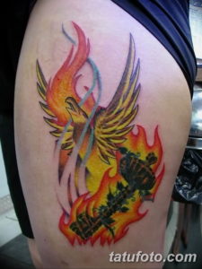 Фото тату феникса на бедре 18.07.2019 №018 - phoenix tattoo on the thigh - tatufoto.com