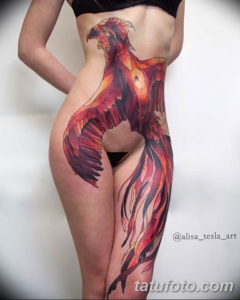 Фото тату феникса на бедре 18.07.2019 №020 - phoenix tattoo on the thigh - tatufoto.com