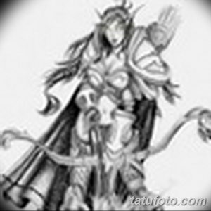 Эскиз татуировки: эльфийка-воин в детализированной броне, с развевающимися волосами и оружием, выполненный в черно-белой графике. Подходит для любителей фэнтези и сильных женских персонажей.