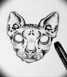Черно-белый эскиз татуировки сфинкса, выполненный в технике pointillism (пуантилизм). Уникальный и современный дизайн для ценителей искусства.