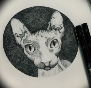 Фото эскиза татуировки сфинкса, выполненного в технике pointillism. Уникальный рисунок, состоящий из множества точек.