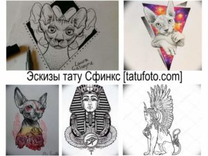Коллаж из эскизов татуировок с изображением сфинкса и кошек. Различные стили и техники исполнения, от графики до реализма.