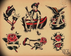 Коллаж из эскизов татуировок в стиле old school: девушка с американским флагом, женщина в лодке, орел и розы.