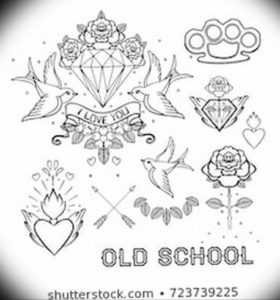 Коллаж из черно-белых эскизов татуировок в стиле old school: сердца, розы, ласточки, бриллианты и кастеты.