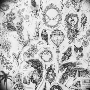 Коллаж из черно-белых эскизов татуировок в стиле blackwork, включающий изображения животных, растений и абстрактных узоров.