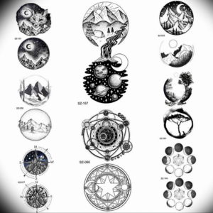 Коллекция эскизов тату в стиле dotwork, изображающих космические пейзажи, животных и символы. Рисунки выполнены в черно-белом цвете, с использованием точек различного размера.