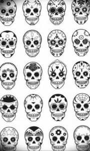 Фотография с множеством черно-белых эскизов татуировок в стиле Sugar Skull (Калавера). Разнообразие дизайнов для вдохновения.