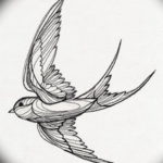 Черно-белый эскиз татуировки с изображением летящей ласточки. Рисунок выполнен в минималистичном стиле с использованием тонких линий.