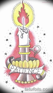Цветное фото тату горящей свечи с надписью 'PATIENCE'. Классический стиль олдскул с яркими красками.