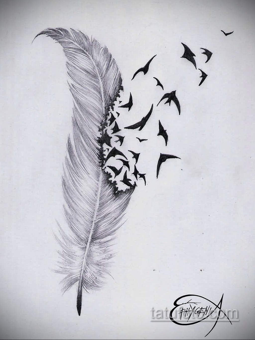 эскиз для тату перо с птицами 26.09.2019 №002 -sketch feather tattoo-tatufoto.com - tatufoto.com