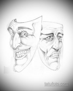 Черно-белый эскиз татуировки с изображением двух театральных масок: улыбающейся и плачущей. Детализированный рисунок для вдохновения.