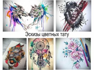 Фото подборки эскизов цветных татуировок с изображением волков, львов, цветов и ловцов снов. Разнообразие стилей и сюжетов.