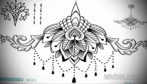 Черно-белый эскиз татуировки в стиле мандала, выполненный точками и капельками. Подходит для медитативных и духовных людей.