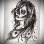 Эскиз татуировки в стиле Sugar Skull с изображением девушки, украшенной узорами в виде черепа. Символизирует память об ушедших, красоту и жизнь.