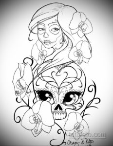 Черно-белый эскиз татуировки в стиле Day of the Dead с изображением девушки в виде катарина с черепом и украшенной цветами. Подходит для тех, кто ценит мексиканскую культуру и символизм.