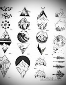 Коллекция черно-белых эскизов татуировок с изображением гор, волн, треугольников и других минималистичных символов. Идеально для любителей природы и лаконичного дизайна.