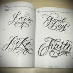 Подборка черно-белых эскизов татуировок с надписями 'Love', 'Life', 'Good Day', 'Faith', выполненных в каллиграфическом стиле.
