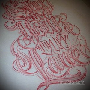 Detailed red calligraphy tattoo sketch with flowing lines, elegant curves, and intricate swirls. A vibrant and artistic design.