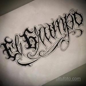 Black and grey calligraphy tattoo sketch of the word 'Elements' with flowing lines, intricate swirls, and decorative accents.