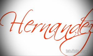 Red calligraphy tattoo sketch of the name 'Hernandez' with flowing lines and elegant curves. Simple yet striking design.